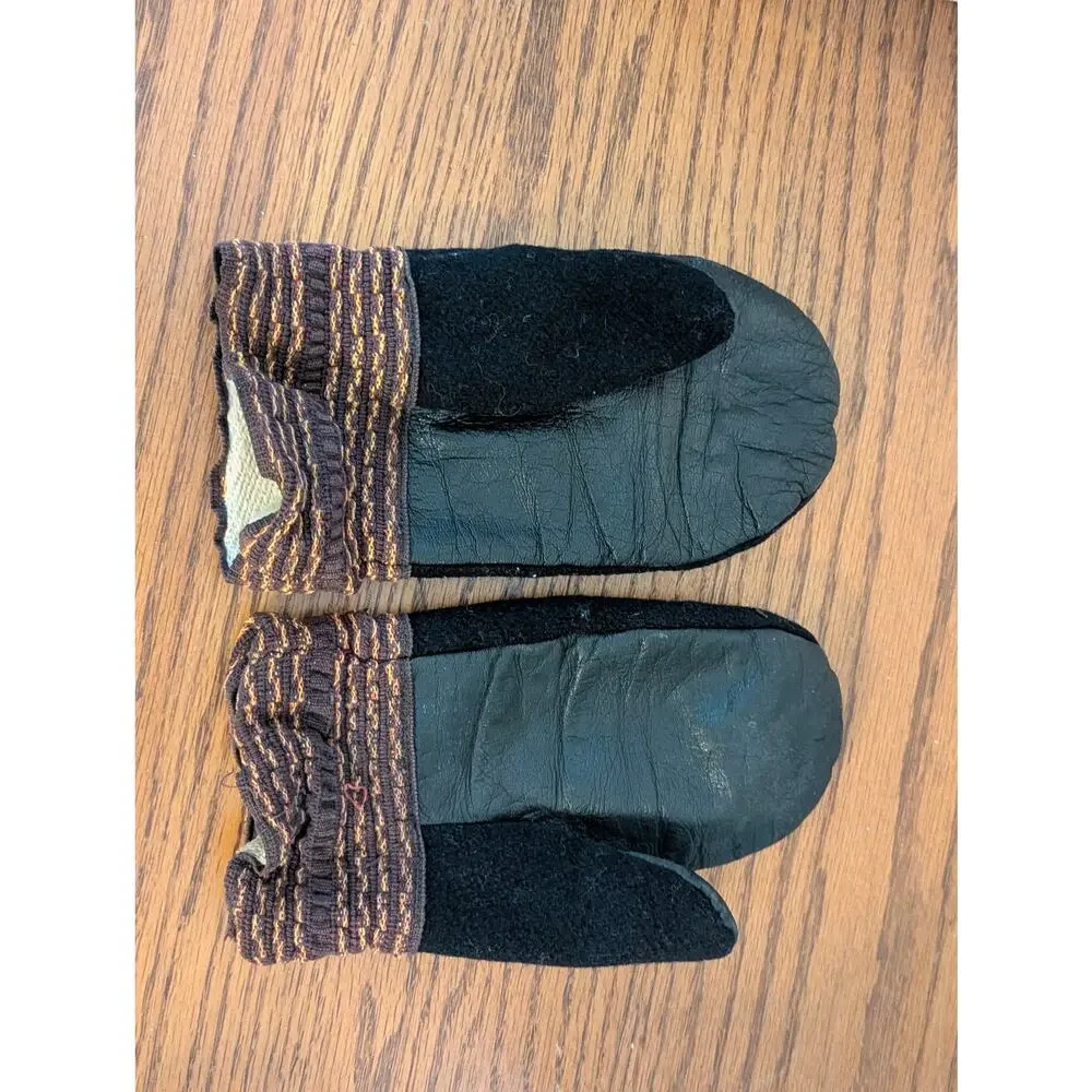 Vintage Black Wool & Leather Fleece-Lined Winter Mittens